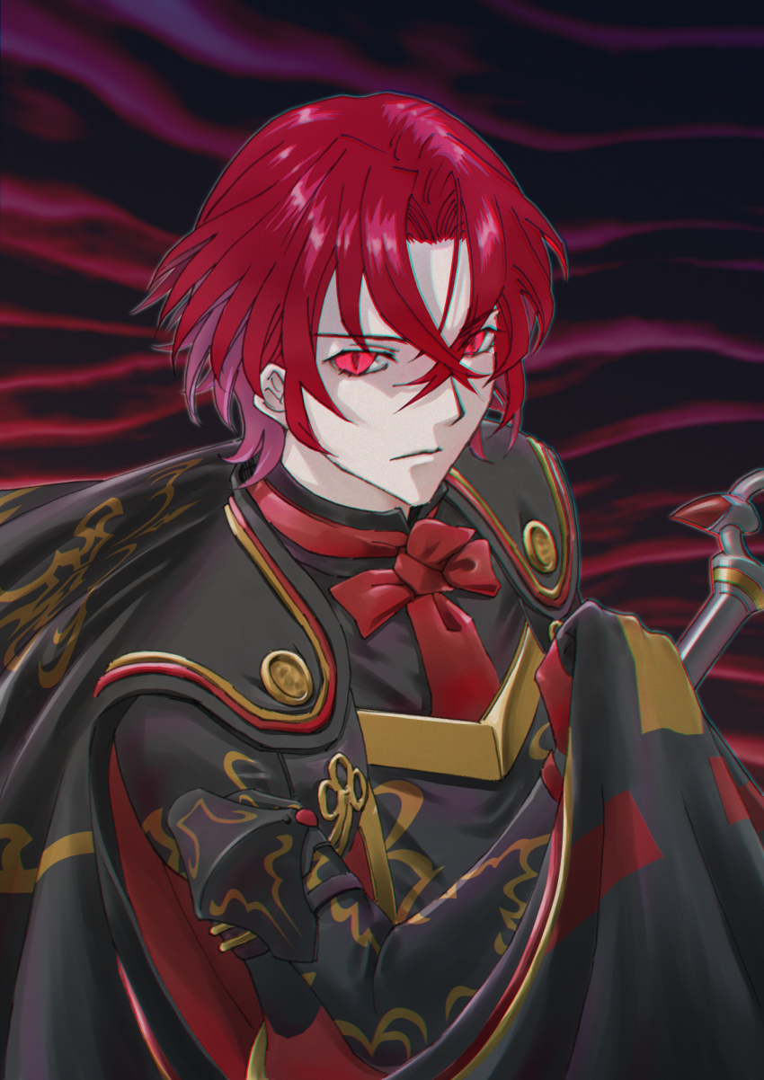 1boy black_cape cape closed_mouth crossed_bangs dark_persona fire_emblem fire_emblem_engage fire_emblem_heroes hair_between_eyes highres looking_at_viewer male_alear_(fell_dragon)_(fire_emblem) male_alear_(fell_dragon_child)_(fire_emblem) male_alear_(fire_emblem) male_focus nintendo red_eyes red_hair short_hair slit_pupils solo toki_(xxxxxmoe1983oct)