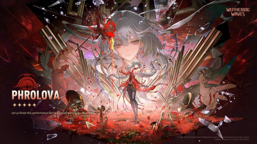 1girl arm_up bandage_over_one_eye bandaged_arm bandages bare_shoulders black_pantyhose black_skirt blood bloody_tears braid breasts character_name closed_mouth commentary copyright_notice detached_sleeves dress earrings english_commentary english_text fingernails floating_hair flower glass_shard grey_eyes grey_hair hand_up heterochromia highres holding holding_flower instrument jewelry logo long_hair low_twin_braids medium_breasts pantyhose parted_lips phrolova_(wuthering_waves) red_dress red_eyes red_petals single_detached_sleeve skirt smile spider_lily tacet_mark_(wuthering_waves) twin_braids very_long_hair wuthering_waves