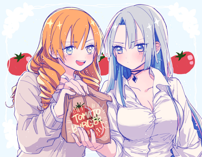 2girls amane_(7783) black_choker blue_eyes blue_hair breasts brown_eyes choker cleavage collared_shirt commentary_request dress_shirt drill_hair grey_sweater heterochromia large_breasts long_hair mole mole_under_eye multiple_girls multiple_moles orange_hair original school_uniform shirt sweater twin_drills white_shirt