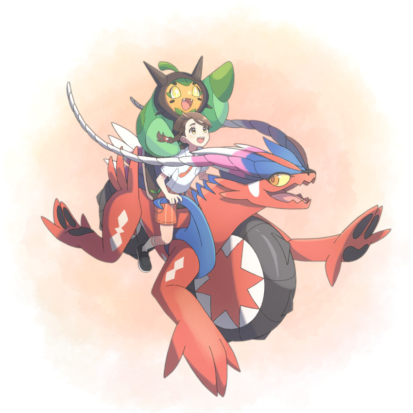1girl :d braid breast_pocket brown_hair collared_shirt commentary_request happy highres holding juliana_(pokemon) koraidon looking_up necktie nintendo ogerpon open_mouth orange_necktie orange_shorts pocket pokemon pokemon_(creature) pokemon_sv riding riding_pokemon school_uniform shirt shoes short_sleeves shorts sitting smile socks suimoku_(hzdg5322) teeth upper_teeth_only white_shirt