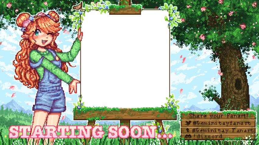 1girl animification bird blue_overalls blush buttons commentary day discord_logo double_bun easel english_commentary english_text geminitay green_eyes green_sweater hair_bun head_wreath hermitcraft highres long_hair looking_at_viewer minecraft_youtube one_eye_closed open_mouth orange_hair outdoors overalls oxiwan pixel_art pointy_ears sign sky smile solo standing strap_slip sweater tree tumblr_logo twitter_logo