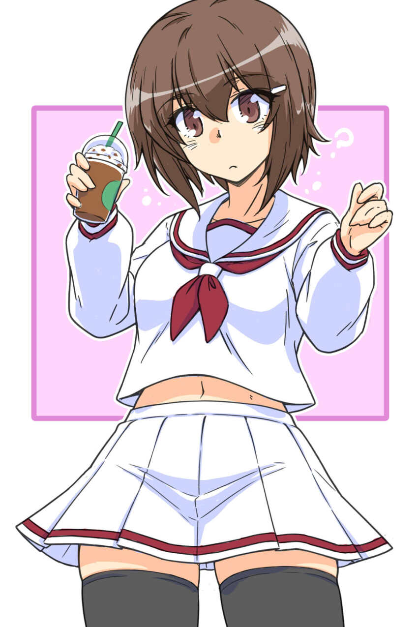 1girl alternate_costume black_thighhighs blush breasts brown_eyes brown_hair collarbone girls_und_panzer highres midriff miniskirt navel nishizumi_maho renshiu school_uniform serafuku short_hair skirt small_breasts solo thighhighs