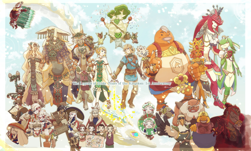 6+boys 6+girls absurdres anniversary everyone ganondorf gloom_spawn goron highres holding_hands impa instrument josha_(zelda) kaidou_mitsuki kohga korok light_dragon_(zelda) link maracas mineru_(zelda) multiple_boys multiple_girls nintendo paya_(zelda) penn_(zelda) princess_zelda purah rauru_(tears_of_the_kingdom) riju robbie_(zelda) sidon sonia_(zelda) tauro_(totk) the_legend_of_zelda the_legend_of_zelda:_tears_of_the_kingdom tulin_(zelda) yona_(zelda) yunobo zonai zonai_device zora