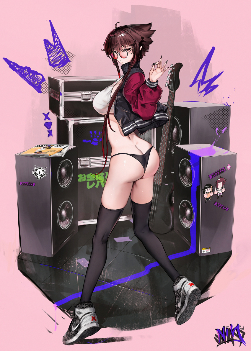 1girl absurdres ahoge ass bass_guitar black_jacket black_nails black_panties black_thighhighs breasts brown_hair butt_crack electric_guitar fingernails from_behind full_body glasses guitar highres instrument jacket large_breasts letterman_jacket liz_(nin_fake) long_hair looking_at_viewer looking_back nail_polish nike_(company) nin_fake open_clothes open_jacket original panties pink_background pointy_ears round_eyewear shoes short_hair short_hair_with_long_locks sidelocks sneakers solo speaker thighhighs underwear