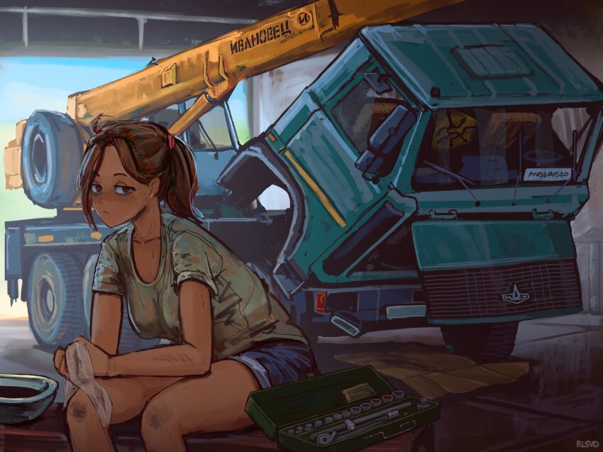 1girl absurdres bench blue_shorts brown_eyes brown_hair crane_(machine) crane_truck dirty expressionless garage half-closed_eyes highres holding_rag looking_at_viewer motor_vehicle original ponytail rlsvd russian_text shirt short_shorts short_sleeves shorts sitting socket_wrench spare_tire steering_wheel toolbox truck unused_tire wipers