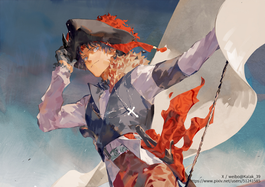 1boy antique_firearm bartholomew_roberts_(fate) black_gloves black_hair blue_eyes cross cross_necklace cutlass dark-skinned_male dark_skin fate/grand_order fate_(series) firearm firelock flag flintlock gloves gun hat jewelry kalak_39 male_focus necklace pirate pirate_hat shirt vest weapon white_flag white_shirt