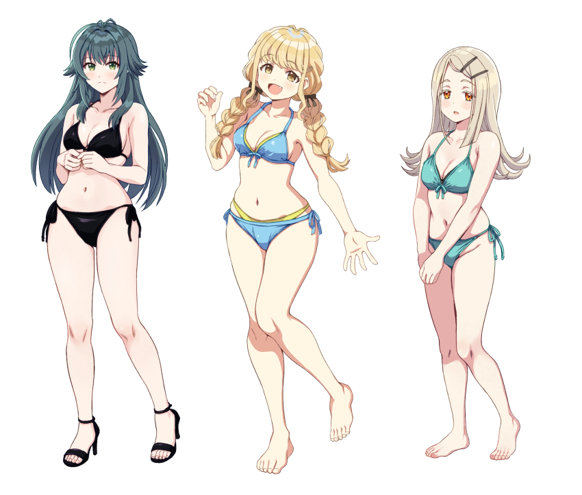 aqua_bikini barefoot bikini black_bikini blonde_hair blue_bikini braid breasts cleavage front-tie_bikini_top front-tie_top fujita_kotone full_body gakuen_idolmaster green_eyes green_hair hair_flaps hair_ornament hairclip highres idolmaster long_hair looking_at_viewer medium_breasts orange_eyes ponzu_rui sandals shinosawa_hiro swimsuit tsukimura_temari twin_braids yellow_eyes