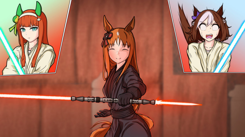 3girls animal_ears aqua_eyes beckoning black_gloves black_robe blue_lightsaber blunt_bangs braid brown_hair closed_eyes collarbone commentary cosplay ctn_sasuke darth_maul darth_maul_(cosplay) double_bladed_lightsaber ear_covers energy_sword false_smile french_braid gloves grass_wonder_(umamusume) green_lightsaber hair_ribbon hairband holding holding_sword holding_weapon horse_ears horse_girl horse_tail jedi lightsaber long_hair multicolored_hair multiple_girls no_pupils obi-wan_kenobi obi-wan_kenobi_(cosplay) orange_hair parody qui-gon_jinn qui-gon_jinn_(cosplay) red_lightsaber ribbon robe sash scene_reference sidelocks silence_suzuka_(umamusume) sith smile special_week_(umamusume) star_wars star_wars:_the_phantom_menace sword tail tail_raised two-tone_hair umamusume weapon white_hair