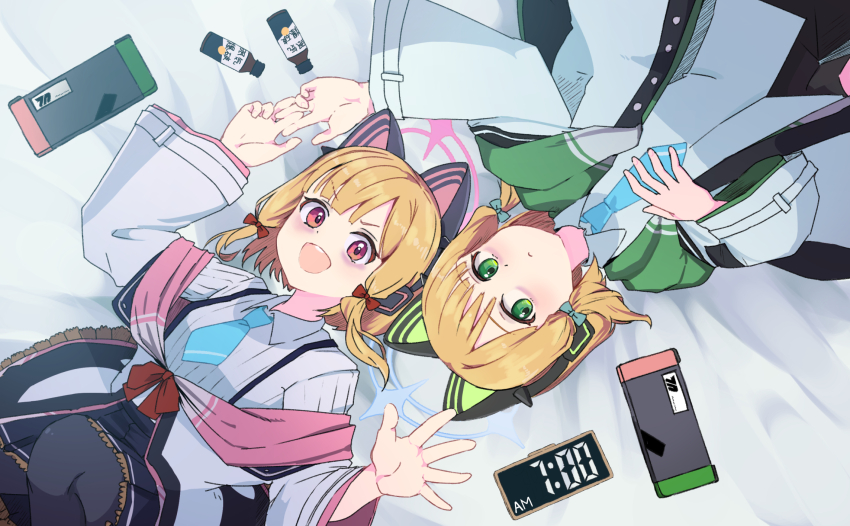 2girls :d animal_ear_headphones animal_ears aqua_necktie arm_up bags_under_eyes bed_sheet black_pantyhose black_shorts black_skirt blonde_hair blue_archive blue_halo bottle bow buttons cat_ear_headphones cat_ears clock closed_mouth collared_shirt commentary_request digital_clock dot_nose fake_animal_ears feet_out_of_frame frilled_jacket frilled_skirt frills green_bow green_eyes green_jacket hair_bow halo hand_on_own_chest hand_up handheld_game_console headphones heads_together highres holding_hands jacket knee_up light_blush long_sleeves looking_at_viewer looking_to_the_side low-tied_sidelocks lying midori_(blue_archive) momoi_(blue_archive) multicolored_jacket multiple_girls necktie nintendo_switch on_back open_clothes open_hand open_jacket open_mouth pantyhose pink_halo pink_jacket pleated_skirt red_bow red_eyes rotational_symmetry ryougen_(koh_y1) shirt short_hair shorts siblings sidelocks sisters skirt smile spread_fingers suspender_skirt suspenders teeth twins two-sided_fabric two-sided_jacket untucked_shirt upper_teeth_only v-shaped_eyebrows white_jacket white_shirt wide_sleeves