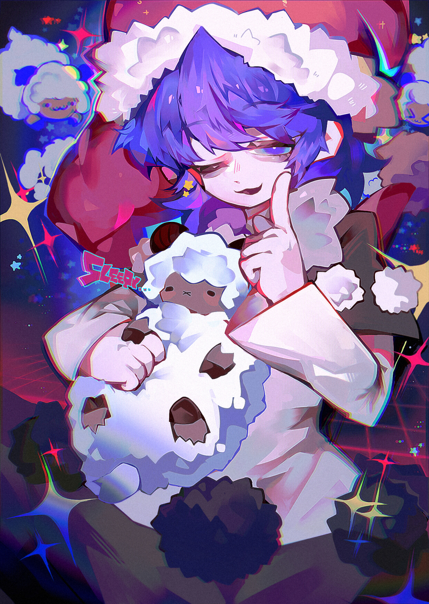 1girl :3 animal bags_under_eyes black_capelet blue_eyes blue_hair capelet chromatic_aberration commentary doremy_sweet dress film_grain fur-trimmed_headwear fur_trim hand_up hat highres holding holding_animal holding_sheep index_finger_raised long_sleeves medium_hair nightcap one_eye_closed open_mouth pom_pom_(clothes) red_hat routinearson sheep solo sparkle touhou white_dress