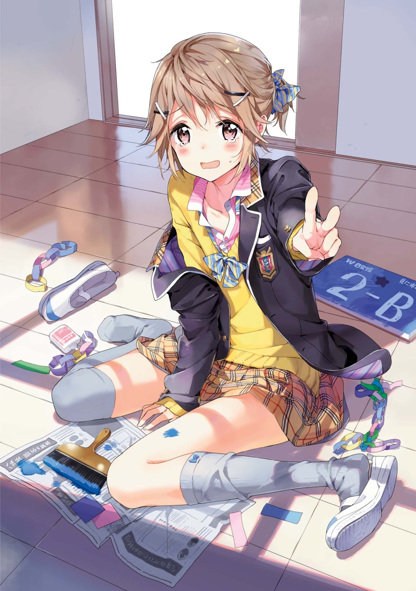 1boy between_legs black_jacket blush bow brown_eyes brown_hair brown_skirt crossdressing embarrassed feet full_body grey_thighhighs hair_bow hair_ornament hairclip hand_between_legs highres indoors jacket looking_at_viewer male_focus masamune-kun_no_revenge miniskirt open_clothes open_jacket open_mouth plaid_clothes plaid_skirt shoes short_hair shuri_kojuurou sitting skirt solo striped_bow sweatdrop sweater tears thighhighs tiv trap unworn_shoes uwabaki wariza wavy_mouth white_shoes yellow_sweater