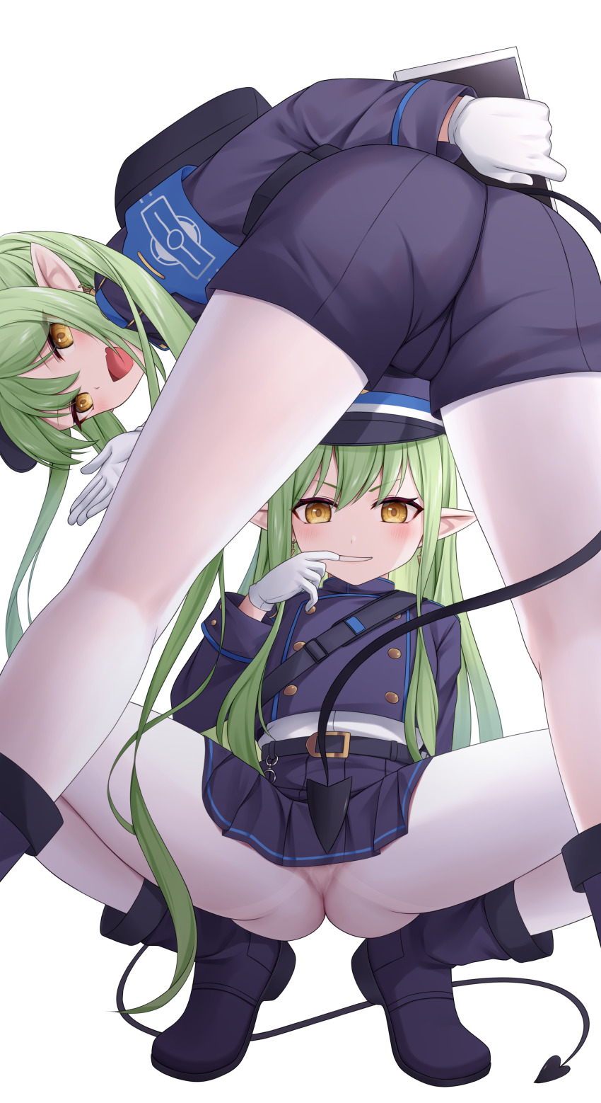 2girls :d absurdres arm_behind_back arm_support ass bag belt bent_over between_legs black_belt blue_archive blue_jacket blue_shorts blue_skirt boots buttons chien_zero cropped_jacket demon_girl demon_tail double-breasted fang finger_in_own_mouth fingersmile from_behind full_body gloves green_hair grin hair_between_eyes hand_up hat high_heels highres hikari_(blue_archive) holding holding_tablet_pc jacket legs legs_apart legs_folded long_hair looking_at_viewer miniskirt multiple_girls nozomi_(blue_archive) open_mouth pantyhose pleated_skirt presenting shirt short_shorts shorts shoulder_bag siblings sisters skirt smile smug spread_legs squatting standing tablet_pc tail tail_between_legs thighs tiptoes twins twintails upskirt very_long_hair white_gloves white_shirt yellow_eyes
