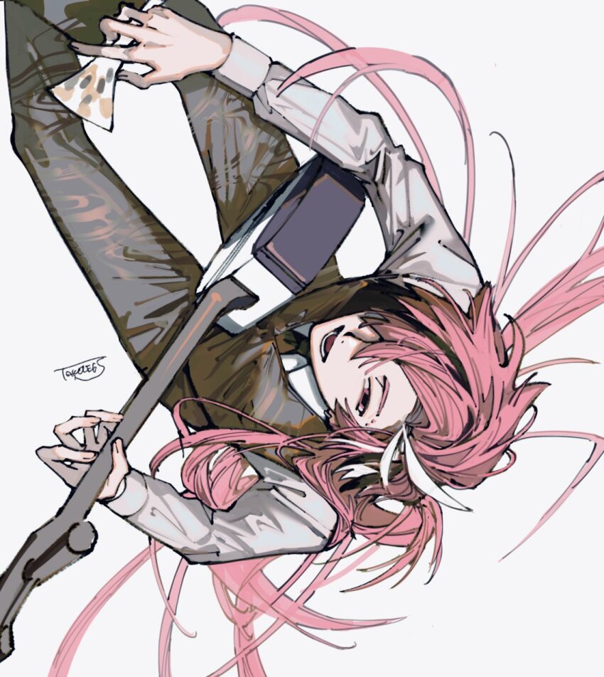 1boy black_necktie endo_(takolegs) fate/grand_order fate_(series) grey_background highres holding holding_instrument instrument long_hair long_sleeves looking_at_viewer looking_up necktie pants parted_lips pink_hair signature simple_background sitting smile solo takasugi_shinsaku_(fate)
