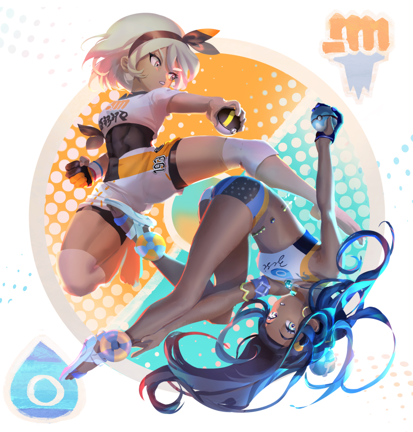 2girls abs absurdres armlet barefoot bea_(pokemon) belly_chain bikini black_hairband blue_eyes blue_hair bodysuit bodysuit_under_clothes clenched_hand color_contrast commentary dark-skinned_female dark_skin dive_ball earrings gloves grey_hair gym_leader hairband halftone hand_on_own_leg highres holding holding_poke_ball hoop_earrings jewelry knee_pads long_hair looking_at_viewer mixed-language_commentary multiple_girls necklace nessa_(pokemon) nintendo parted_lips partially_fingerless_gloves poke_ball poke_ball_symbol pokemon pokemon_swsh sandals shirt short_hair short_sleeves shorts single_glove swimsuit tacotako tankini tsurime ultra_ball upside-down very_long_hair