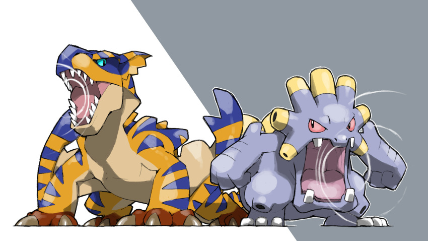 blacknirrow clenched_hands creatures_(company) crossover exploud game_freak gen_3_pokemon grey_background highres monster monster_hunter_(series) nintendo no_humans open_mouth outline pokemon pokemon_(creature) sharp_teeth simple_background standing teeth tigrex two-tone_background white_background white_outline