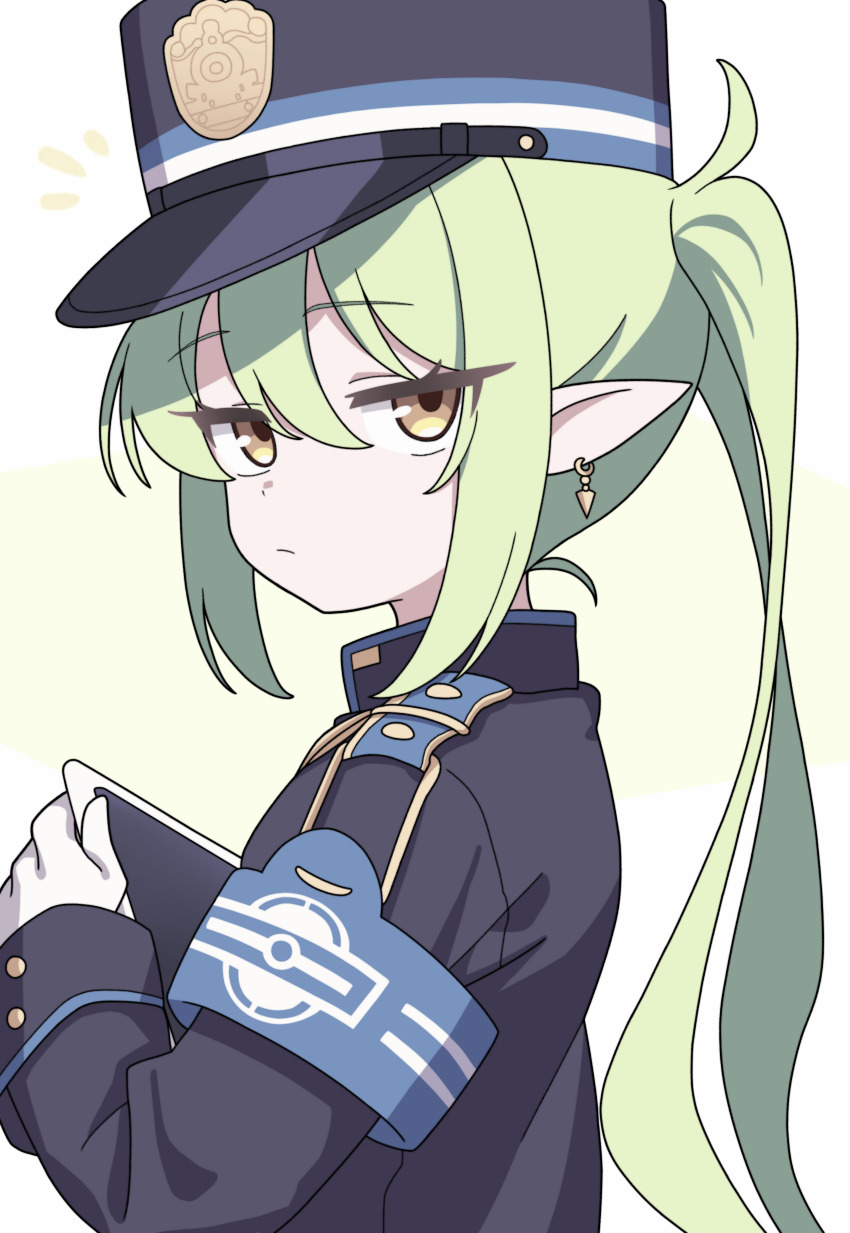 1girl absurdres armband black_hat black_jacket blue_archive blue_armband commentary earrings expressionless gloves green_hair hat highres holding holding_tablet_pc jacket jewelry jitome long_hair long_sleeves looking_at_viewer notice_lines nozomi_(blue_archive) pointy_ears sidelocks simple_background solo tablet_pc twintails upper_body vector_(dmlddmld00) white_gloves yellow_eyes