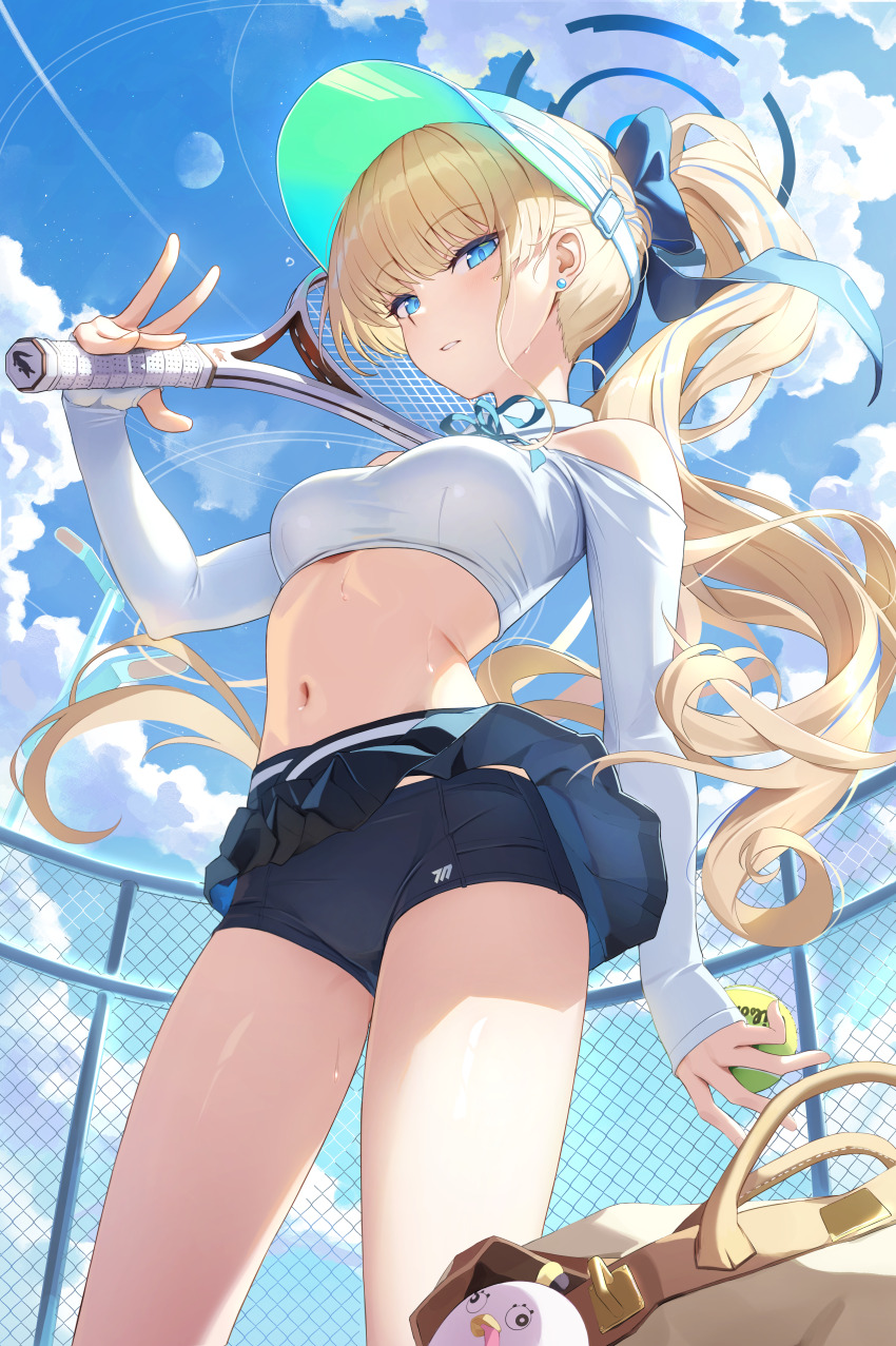 1girl absurdres alternate_costume ball bare_shoulders black_shorts blonde_hair blue_archive blue_eyes blue_shorts blue_sky blush bow breasts character_doll cloud cowboy_shot crop_top day doll earrings hair_bow hat highres holding holding_racket jacket jewelry k_(kih8707) large_breasts long_hair long_sleeves looking_at_viewer midriff navel outdoors peroro_(blue_archive) ponytail racket ribbon shirt short_shorts shorts sidelocks sky smile solo sportswear standing stomach stud_earrings sweat tennis_ball tennis_racket tennis_skirt tennis_uniform thighs toki_(blue_archive) very_long_hair visor_cap white_shirt