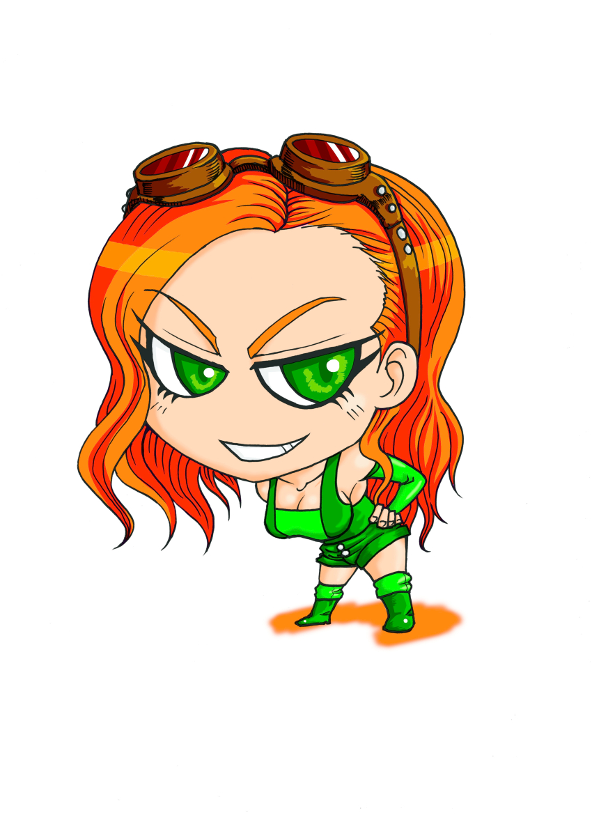 1girl 2016 absurdres becky_lynch breasts chibi green_eyes green_footwear green_wrestling_outfit hands_on_own_hips highres hozun1985 leaning_forward long_hair orange_hair simple_background smile teeth v-shaped_eyebrows wwe