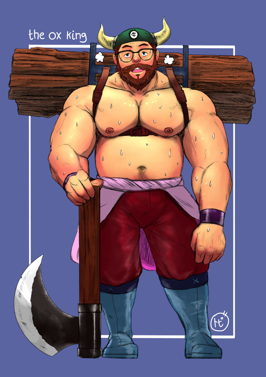 1boy abs absurdres alternate_costume axe bara battle_axe beard belly breath brown_hair bulge chest_harness dragon_ball facial_hair fake_horns glasses gyuu_mao harness hat highres horned_headwear horns large_pectorals male_focus mature_male muscular muscular_male navel navel_hair nipples pants pectorals planted red_pants short_hair solo stomach sweat topi_(topi5356) topless_male underbust weapon wood