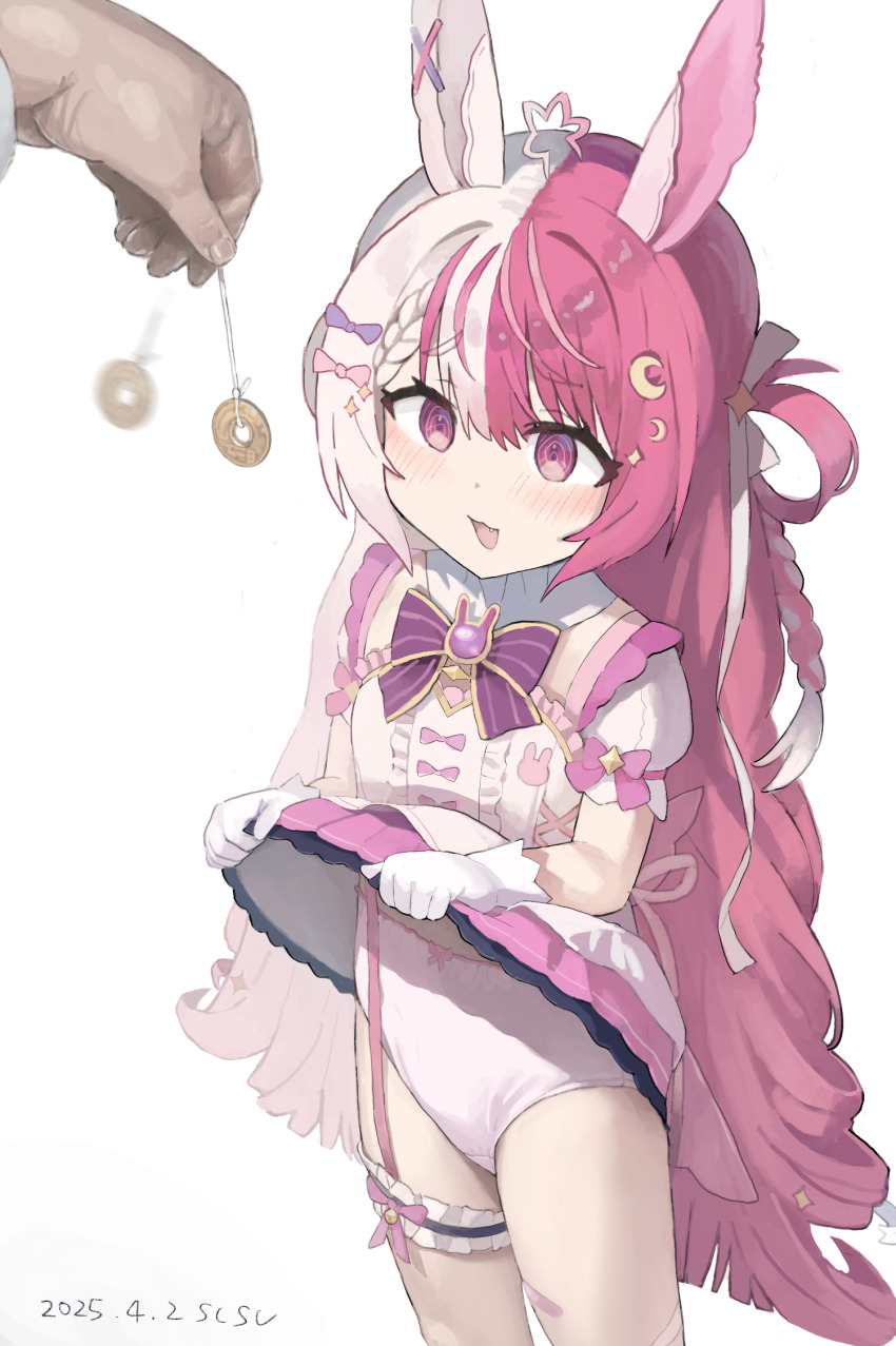 1girl :3 :d @_@ animal_ears artist_name bandaid bandaid_on_leg blush bow bowtie braid center_frills clothes_lift coin coin_on_string commentary_request commission cowboy_shot crescent crescent_hair_ornament dated dress dress_bow dress_lift fang frilled_dress frilled_thigh_strap frills frown garter_straps gloves hair_ornament hair_ribbon hair_rings highres holding holding_pendulum holed_coin hypnosis idol_corp lalabell_lullaby lifting_own_clothes long_hair magical_girl mind_control multicolored_hair open_mouth panties pendulum pink_eyes pink_hair pink_trim pov pov_hands puffy_short_sleeves puffy_sleeves purple_bow purple_bowtie rabbit_brooch rabbit_ears rabbit_girl ribbon short_sleeves simple_background single_garter_strap skeb_commission smile solo sparkle_hair_ornament split-color_hair star_ahoge susu_(ysy) thigh_strap underwear very_long_hair virtual_youtuber white_background white_gloves white_hair white_panties white_ribbon