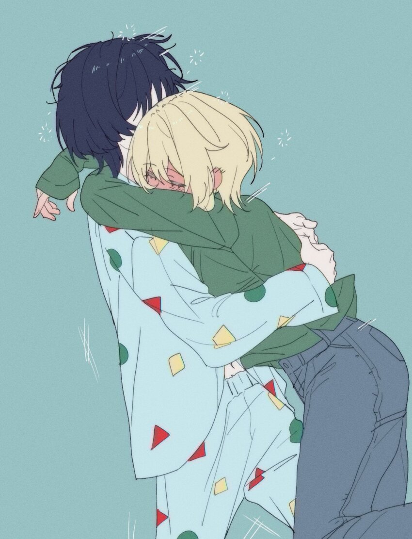 1boy 1girl alternate_costume aqua_background aqua_pants aqua_shirt aqua_sleeves arms_around_neck arms_around_waist black_hair blunt_ends blush catching circle_print contemporary denim diamond_print drunk full-face_blush genshin_impact green_shirt green_sleeves grey_pants hetero highres hldaisuki hug jeans long_sleeves lumine_(genshin_impact) midriff_peek navel pajamas pants scaramouche_(genshin_impact) shirt sleepwear sleeves_past_wrists triangle_print