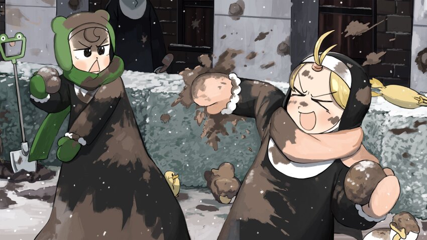 &gt;_&lt; 3girls :d bird blonde_hair brown_hair chicken clumsy_nun_(diva) commentary dirty dirty_clothes diva_(hyxpk) duck duckling english_commentary froggy_nun_(diva) green_mittens green_scarf habit hedge highres la_chancla little_nuns_(diva) mittens mud multiple_girls nun open_mouth pink_mittens pink_scarf scarf shovel slice_of_life smile snow star_nun_(diva) traditional_nun triangle_mouth