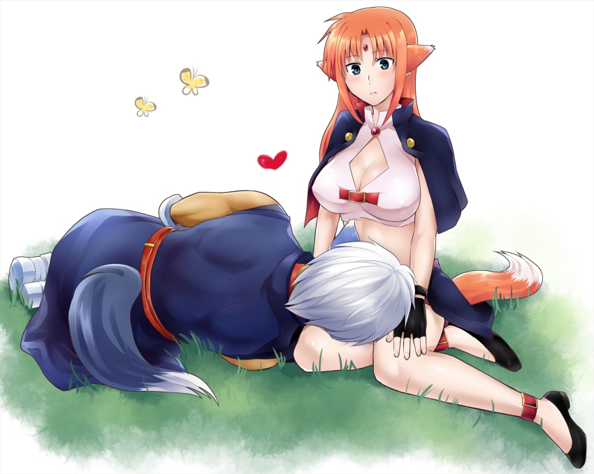 1boy 1girl animal_ears ankle_strap arf bad_id bad_pixiv_id blue_eyes blush breasts bug butterfly capelet cleavage cleavage_cutout clothing_cutout familiar fang fingerless_gloves forehead_jewel frown gloves grass heart highres bug lap_pillow large_breasts long_hair looking_at_viewer lying lyrical_nanoha magical_boy magical_girl mahou_shoujo_lyrical_nanoha mahou_shoujo_lyrical_nanoha_a&#039;s midriff nagashiro_rouge on_ground on_side red_hair sitting tail wolf_ears wolf_tail zafira