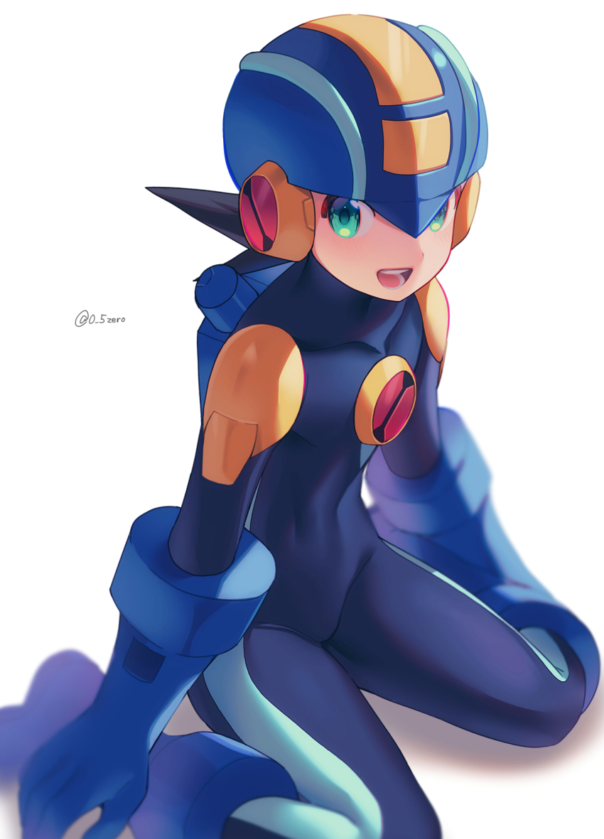 1boy :d blue_bodysuit blue_headwear blue_helmet blurry bodysuit brown_hair covered_collarbone depth_of_field green_eyes happy helmet highres male_focus mega_man_(series) mega_man_battle_network_(series) megaman.exe open_mouth short_hair simple_background sitting smile solo spiked_hair teeth twitter_username upper_teeth_only white_background zero-go