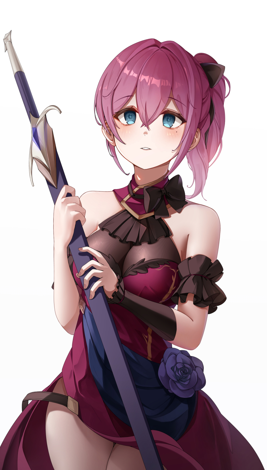 1girl absurdres bare_shoulders black_bow blush bow breasts cleavage detached_sleeves dress flower flower_ornament green_eyes highres holding holding_sword holding_weapon large_breasts looking_at_viewer mole mole_under_eye original pink_hair ponytail red_dress rose see-through_cleavage see-through_clothes simple_background solo sword weapon white_background winterlime12