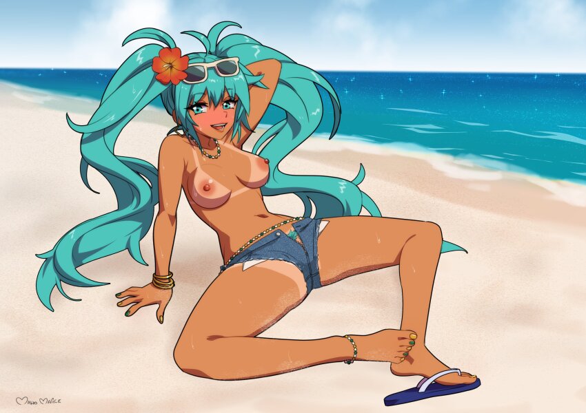 1girl absurdres aqua_eyes aqua_hair arm_behind_head artist_name beach blue_shorts blush brazilian_miku breasts commentary dark-skinned_female dark_skin denim denim_shorts english_commentary eyewear_on_head female_pubic_hair full_body hatsune_miku highres long_hair maho_malice medium_breasts nipples ocean pubic_hair sand short_shorts shorts signature solo sunglasses tan tanline topless_female twintails vocaloid water