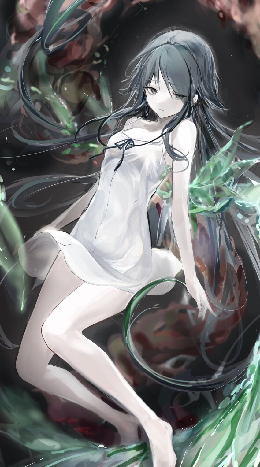 1girl bare_legs bare_shoulders barefoot breasts closed_mouth dress dress-up dress_ribbon flesh full_body green_eyes green_hair green_ribbon green_wings hair_flaps highres leaf_wings long_hair nitroplus pale_skin ribbon saya_(saya_no_uta) saya_no_uta sleeveless sleeveless_dress small_breasts solo straight_hair sundress swept_bangs toqha3247 very_long_hair white_dress wings