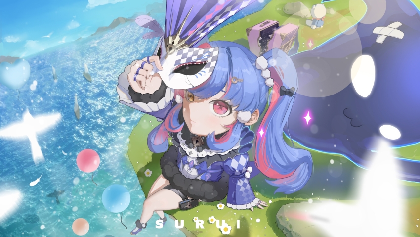 1girl artist_name balloon bare_legs bird blue_hair blue_shoes blue_sky boat chinese_commentary commentary_request cracked_mask eye_mask fisheye flower from_above grass hair_ornament heterochromia highres holding holding_mask jewelry key_hair_ornament keyhole long_hair looking_at_viewer looking_up mask meadow mountain mountainous_horizon multicolored_hair ocean outdoors partial_commentary pink_eyes pom_pom_(clothes) pom_pom_hair_ornament pouch puffy_dress puffy_sleeves ring roccia_(wuthering_waves) sailboat shoes simple_bird sky solo streaked_hair stuffed_animal stuffed_toy suitcase surui symbol-shaped_pupils teddy_bear thigh_pouch twintails water watercraft white_flower wide_sleeves wuthering_waves x-shaped_pupils yellow_eyes