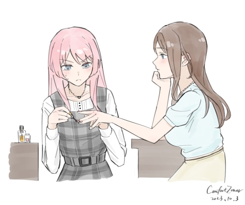 2girls applying_manicure artist_name bang_dream! bang_dream!_it&#039;s_mygo!!!!! belt blue_eyes blue_shirt brown_hair brown_skirt chihaya_anon chinese_commentary closed_mouth collarbone comfort_zoner commentary_request cosmetics cropped_torso dated dress grey_belt grey_dress grey_eyes head_rest jewelry light_blush long_hair long_sleeves multiple_girls nagasaki_soyo nail_polish nail_polish_bottle nail_polish_brush necklace pinafore_dress pink_hair pink_nails plaid_clothes plaid_dress puffy_short_sleeves puffy_sleeves shirt short_sleeves sidelocks simple_background skirt sleeveless sleeveless_dress sweatdrop upper_body variant_set white_background white_shirt yellow_nails