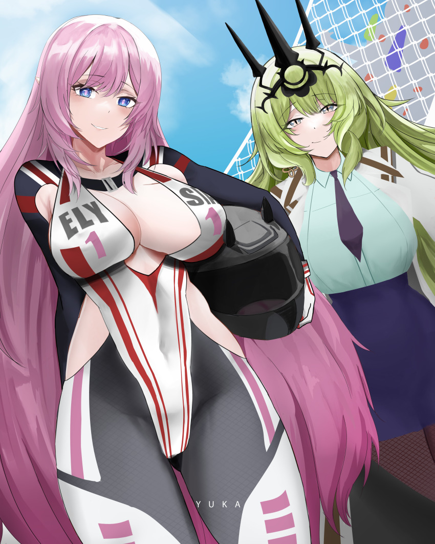 2girls absurdres alternate_costume artist_name black_pantyhose black_tiara blue_eyes blue_skirt blue_sky breasts coat commentary_request elf elysia_(honkai_impact) green_hair green_shirt helmet highres holding holding_helmet honkai_(series) honkai_impact_3rd large_breasts long_hair mobius_(honkai_impact) multiple_girls outdoors paid_reward_available pantyhose pointy_ears racing_suit roller_coaster shirt skirt sky slit_pupils smile tiara very_long_hair white_coat yuka_1503