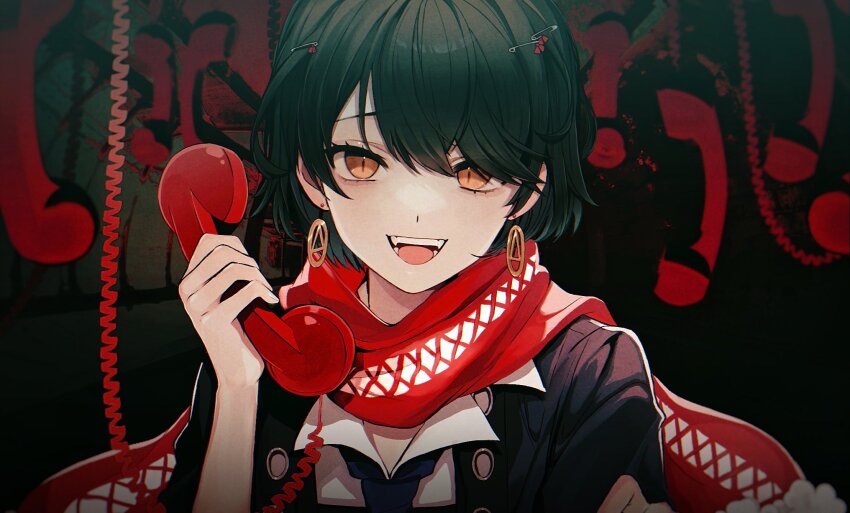 1boy androgynous antique_phone black_background black_hair collared_shirt earrings hand_up highres holding holding_phone jewelry looking_at_viewer male_focus mashiro_meme mashiro_meme_(1st_costume) minai_mosa nijisanji open_mouth orange_eyes paperclip_hair_ornament phone red_scarf scarf shirt short_hair slit_pupils virtual_youtuber