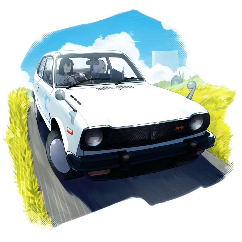 1other 2girls absurdres black_hair blue_eyes blue_sky border car cloud cloudy_sky day double-parted_bangs driving fading_border grass hair_between_eyes hair_over_one_eye highres hill holding holding_map house looking_at_map map map_(object) medium_hair motion_lines motor_vehicle multiple_girls original outdoors pink_hair road shirt sky speed_lines three-quarter_sleeves tnkaban vehicle_focus vehicle_request white_border white_car white_shirt wide_shot