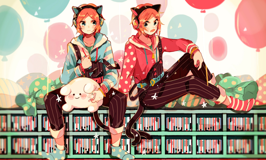 2boys 2wink_(ensemble_stars!) :o absurdres animal_ear_headphones animal_ears aoi_hinata aoi_yuta arm_on_knee arm_support balloon belt bookshelf bracelet candy cat_ear_headphones cat_tail drawstring ensemble_stars! fake_animal_ears fake_tail food full_body green_eyes headphones highres hood hoodie idol jewelry knee_up light_smile looking_at_another male_focus matching_outfits multiple_boys nail_polish official_alternate_costume open_mouth orange_hair overalls pants pants_rolled_up parted_bangs polka_dot polka_dot_socks short_hair shuilantao siblings sitting socks spread_legs strap_slip striped_clothes striped_sleeves striped_socks stuffed_toy tail twins vertical-striped_clothes