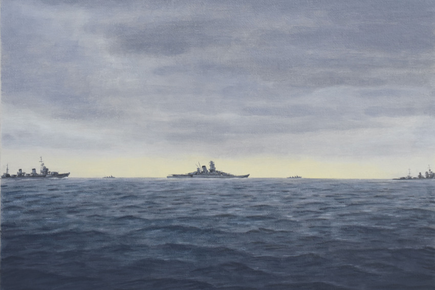 absurdres acrylic_paint_(medium) atelier_bono battleship cannon highres historical_event imperial_japanese_navy mast military_vehicle no_humans ocean operation_ten-gou original painting_(medium) scenery ship ship_turret sky smokestack storm storm_cloud traditional_media vehicle_focus warship watercraft world_war_ii yamato_(battleship)