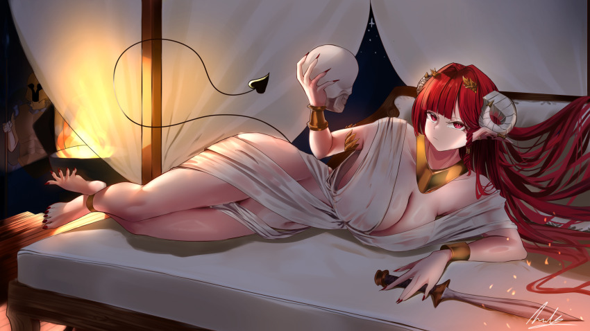 1girl absurdres alternate_costume azur_lane breasts cleavage commentary curled_horns demon_horns demon_tail english_commentary fire full_body hair_spread_out highres hindenburg_(azur_lane) holding holding_skull horns huge_breasts indoors long_hair looking_at_viewer lukie_arts lying on_bed on_side red_eyes red_hair revealing_clothes signature skull solo sword tail very_long_hair weapon white_horns