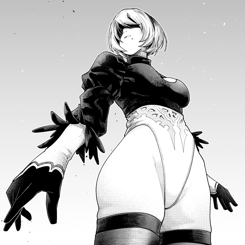 1girl 2b_(nier:automata) absurdres blindfold breasts commentary covered_eyes feather-trimmed_sleeves from_below gloves greyscale highleg highleg_leotard highres leotard mangakashibou medium_breasts mole mole_under_mouth monochrome nier:automata nier_(series) short_hair solo thighhighs