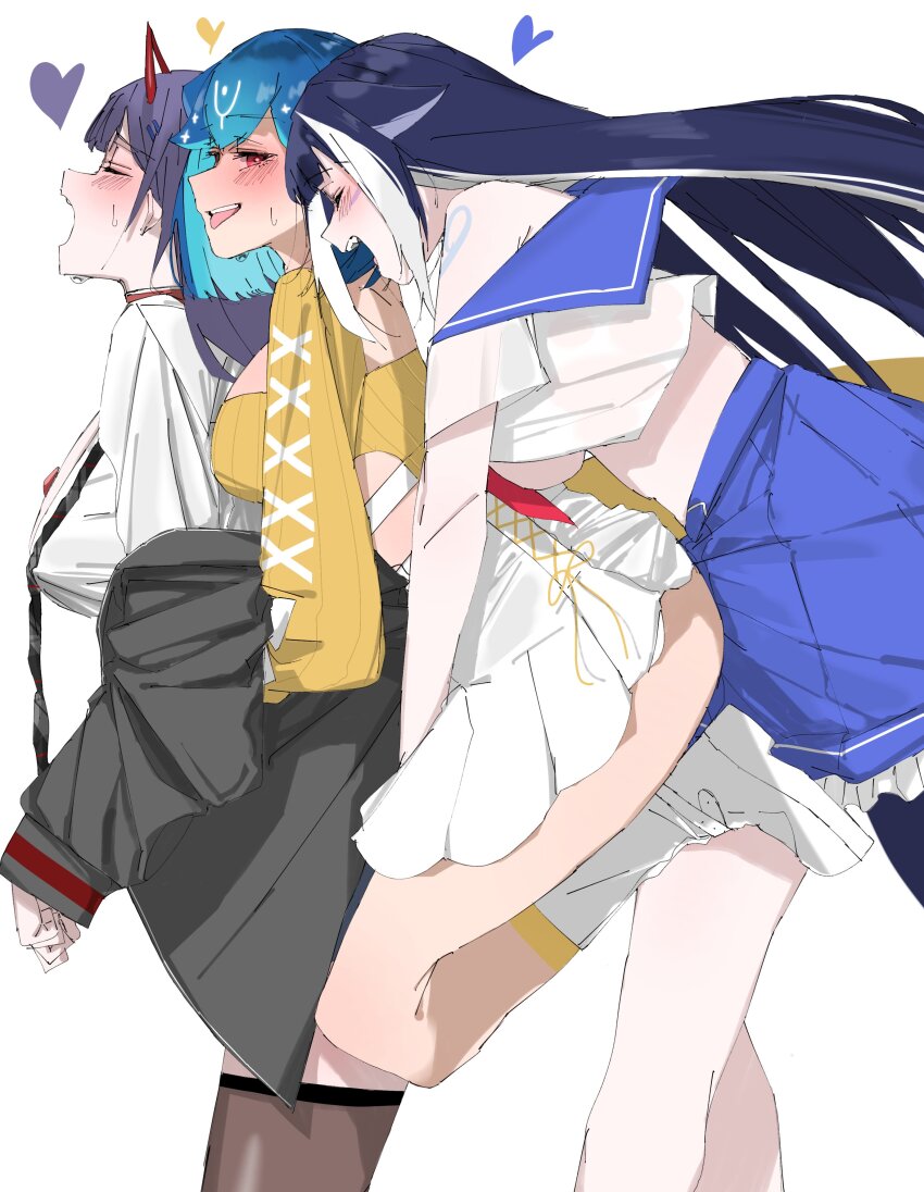 3girls absurdres akuma_nihmune akuma_nihmune_(1st_costume) animal_ears bao_(vtuber) bao_(vtuber)_(5th_costume) blue_hair blush breasts carrot_011 cetacean_tail closed_eyes fins fish_tail heart highres implied_fingering indie_virtual_youtuber large_breasts long_hair miniskirt multicolored_hair multiple_girls open_mouth orca_girl purple_hair red_eyes shylily shylily_(1st_costume) sidelocks simple_background skirt streaked_hair tail teeth thighhighs tongue underboob virtual_youtuber white_background yuri