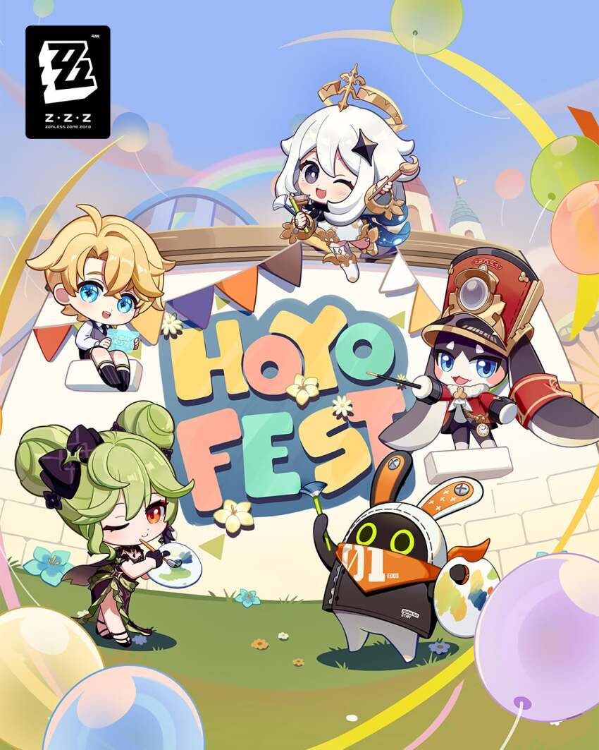 1boy 2girls 2others ;) ;d ai_hyperion_lambda ai_hyperion_lambda_(guiding_star) balloon bangboo_(zenless_zone_zero) bangboo_6_(zenless_zone_zero) black_dress black_necktie black_scarf black_shorts blonde_hair blue_eyes chibi closed_mouth davis_(tears_of_themis) double_bun dress floating full_body genshin_impact green_hair grey_vest hair_bun halo highres holding holding_brush holding_paint_palette honkai:_star_rail honkai_(series) honkai_impact_3rd long_hair long_sleeves mihoyo multiple_girls multiple_others necktie official_art one_eye_closed open_mouth orange_eyes outdoors paimon_(genshin_impact) paint_palette pom-pom_(honkai:_star_rail) rainbow scarf shadow shirt short_hair shorts sitting smile standing tears_of_themis vest white_dress white_hair white_shirt zenless_zone_zero