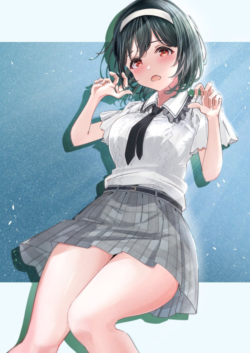 1girl black_hair black_necktie bob_cut breasts casual claw_pose collared_shirt commentary_request d: drop_shadow fang feet_out_of_frame frilled_shirt_collar frills frontrivers_kae grey_skirt hairband highres large_breasts letterboxed love_live! love_live!_nijigasaki_high_school_idol_club mifune_shioriko miniskirt necktie open_mouth orange_eyes outside_border plaid_clothes plaid_skirt pleated_skirt shirt short_hair short_sleeves skin_fang skirt solo swept_bangs white_hairband white_shirt