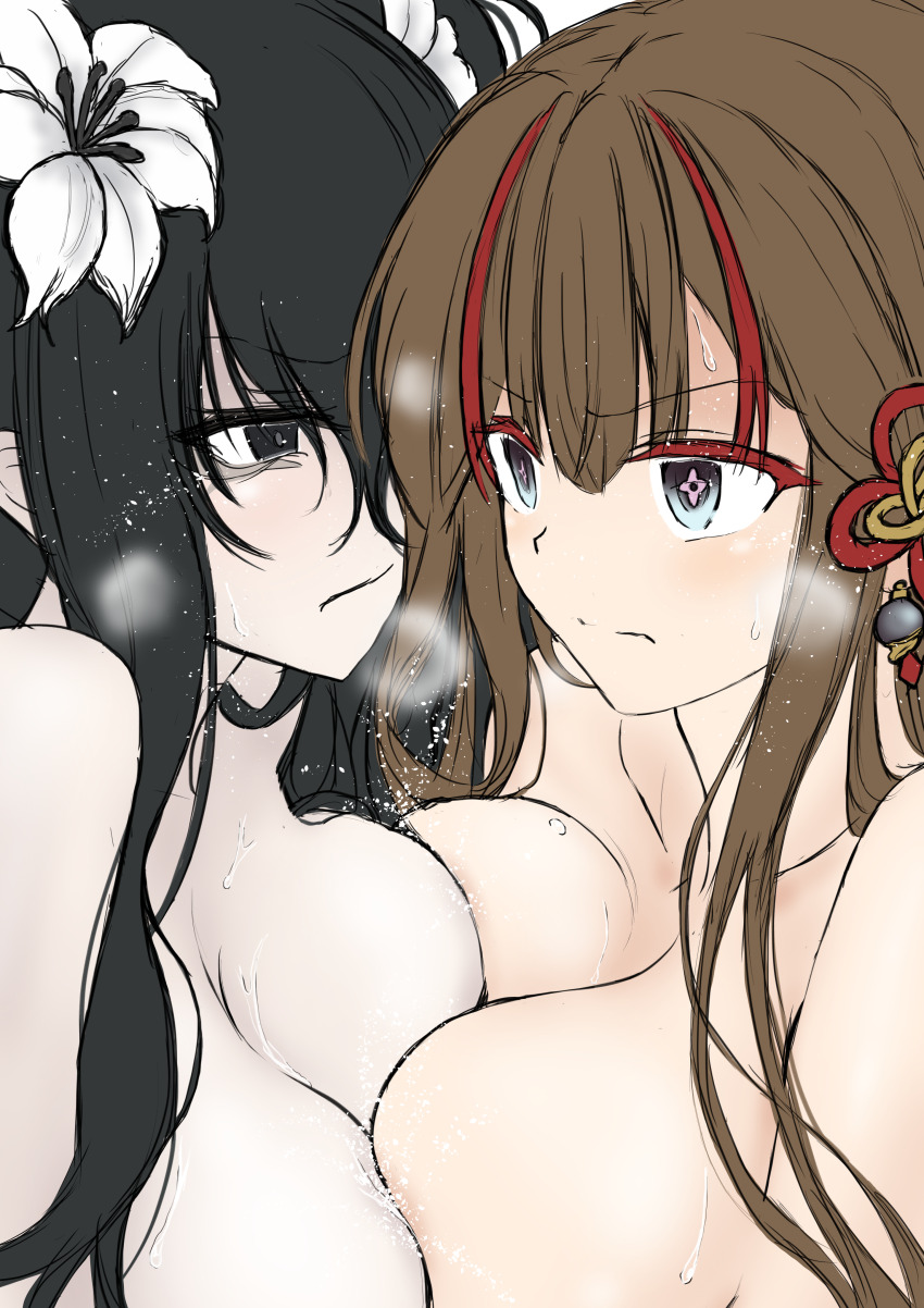 +_+ 2girls absurdres asymmetrical_docking black_eyes breast_press breasts brown_hair catmito1412 chinese_knot commentary_request earrings flower flower-shaped_pupils fubuki_(senran_kagura) hair_flower hair_ornament hair_rings hairpin highres jewelry large_breasts lily_(flower) long_hair looking_at_another mismatched_earrings multicolored_hair multiple_girls multiple_hairpins nude pale_skin pink_pupils red_streaks senran_kagura senran_kagura_new_link streaked_hair symbol-shaped_pupils toki_(senran_kagura) white_flower white_lily