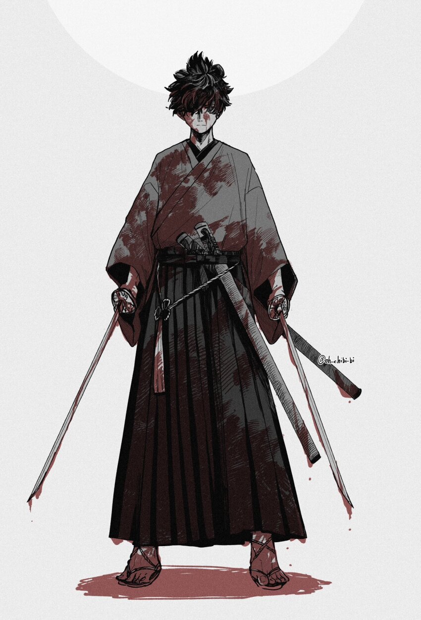 1boy black_hakama blood blood_in_hair blood_on_clothes blood_on_face blood_on_feet blood_on_hands bloody_weapon dual_wielding fate/samurai_remnant fate_(series) full_body greyscale hair_over_one_eye hakama highres holding japanese_clothes katana kimono long_sleeves miyamoto_iori_(fate) monochrome oh_chibi_bi sheath solo spot_color standing sword topknot twitter_username unsheathed waraji weapon wide_sleeves
