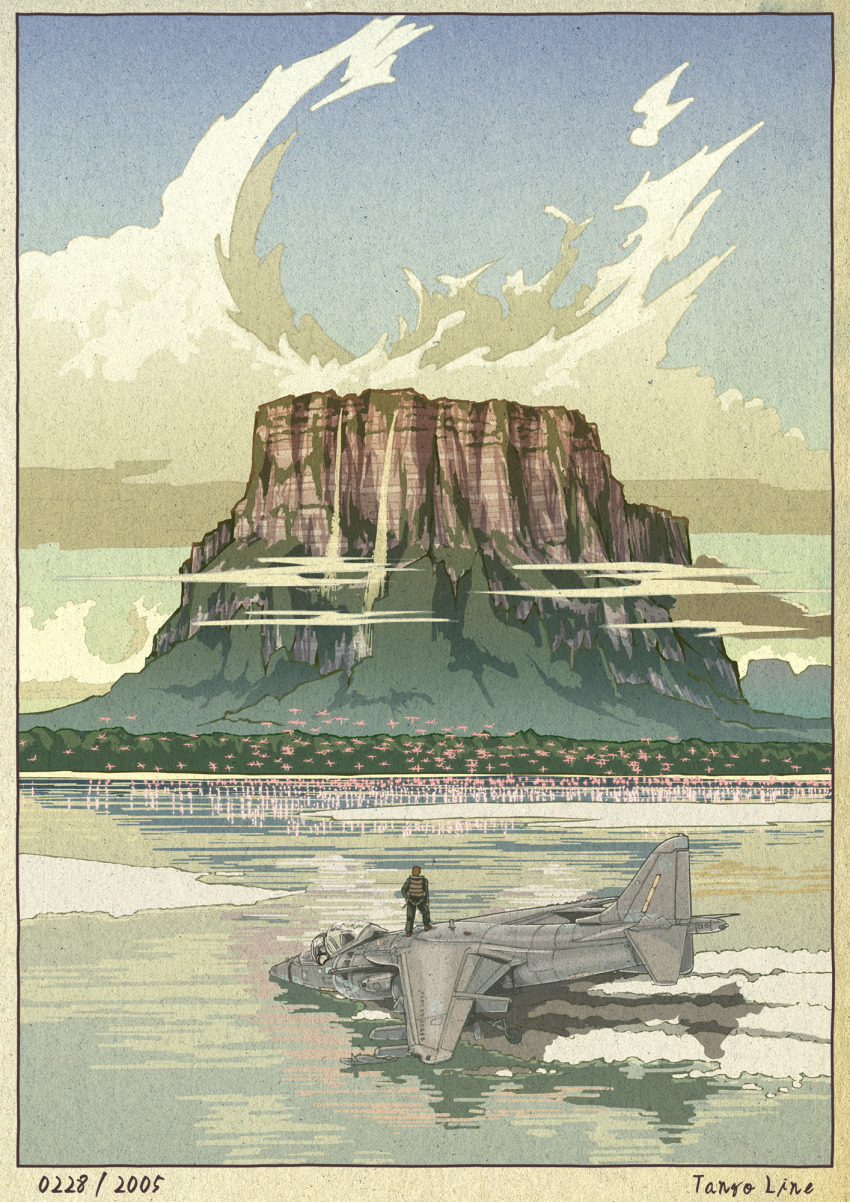 1boy ace_combat ace_combat_04 aircraft airplane border cloud commentary_request day english_text fighter_jet fine_art_parody hawker_harrier highres military_vehicle mountain nihonga outdoors parody scenery standing ukiyo-e water yuukou