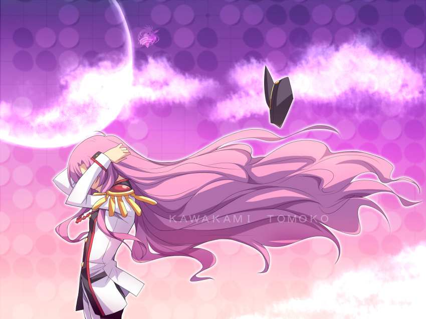 1990s_(style) 1girl aiguillette bad_id bad_pixiv_id derivative_work eeeeee epaulettes female_focus from_side hat highres kawakami_tomoko long_hair pink_hair retro_artstyle school_uniform shoujo_kakumei_utena shoujo_kakumei_utena_adolescence_mokushiroku solo tenjou_utena unworn_hat unworn_headwear very_long_hair