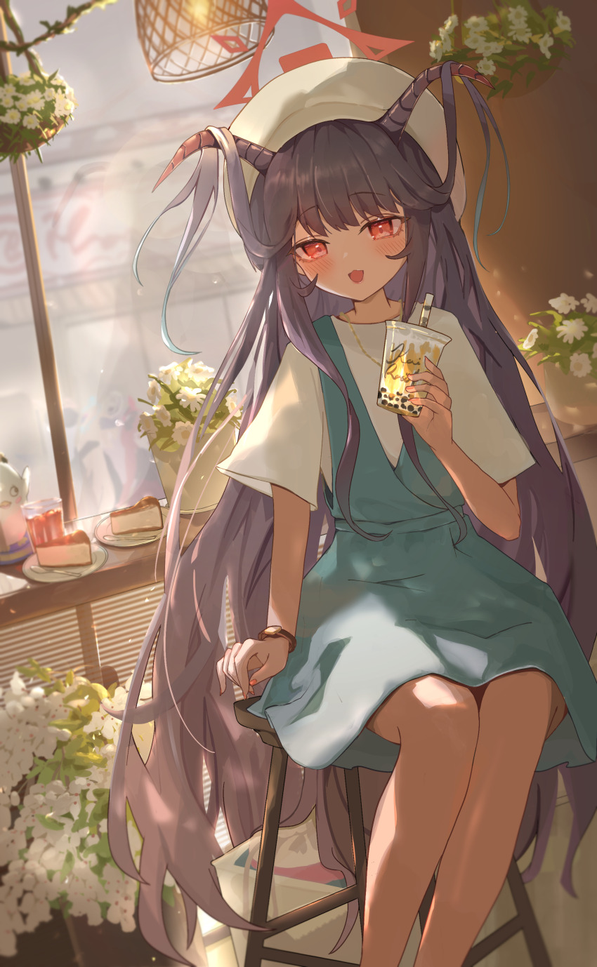 1girl absurdres black_hair blue_archive blush cup demon_girl demon_horns disposable_cup drink fuuka_(blue_archive) fuuka_(casual)_(blue_archive) green_skirt green_vest hair_between_eyes hat highres holding holding_cup holding_drink horns long_hair looking_at_viewer nekoplanetouo official_alternate_costume on_stool open_mouth red_eyes shirt sidelocks sitting skirt vest white_hat white_shirt