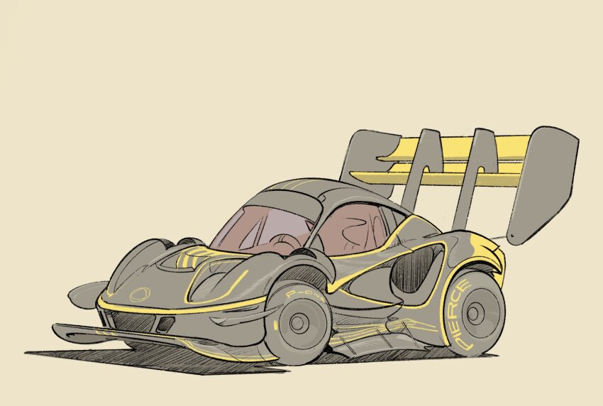 black_car brown_background car chibi commentary english_commentary highres lotus_(brand) lotus_evija lotus_evija_x motor_vehicle no_humans original race_vehicle racecar shadow spoiler_(automobile) vehicle_focus will_pierce