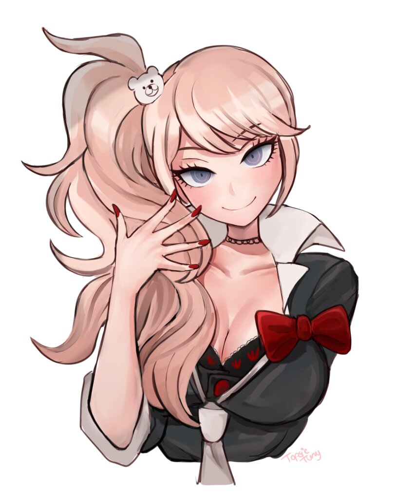 1girl absurdres alternate_hairstyle bear_hair_ornament black_bra black_choker black_shirt bow bra breasts choker collarbone cropped_torso danganronpa:_trigger_happy_havoc danganronpa_(series) enoshima_junko grey_eyes grey_necktie hair_ornament hatsune_miku highres large_breasts looking_at_viewer nail_polish necktie red_bow red_bra red_nails shirt side_ponytail simple_background smile solo topsieturvy underwear vocaloid white_background